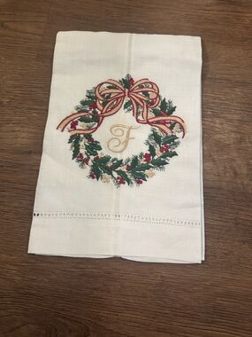 Embroidered Holiday Wreath Monogram F Linen Kitchen Tea Towel